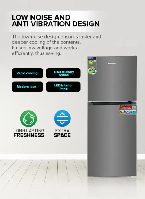 GEEPAS 250 L GROSS | 180 L NET NO‑FROST DOUBLE‑DOOR REFRIGERATOR | MODEL GRF2522SXN